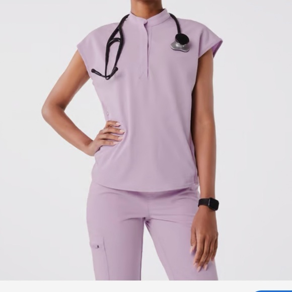 Figs Tops - Figs Lavender Cap-Sleeve Henley Scrub Top